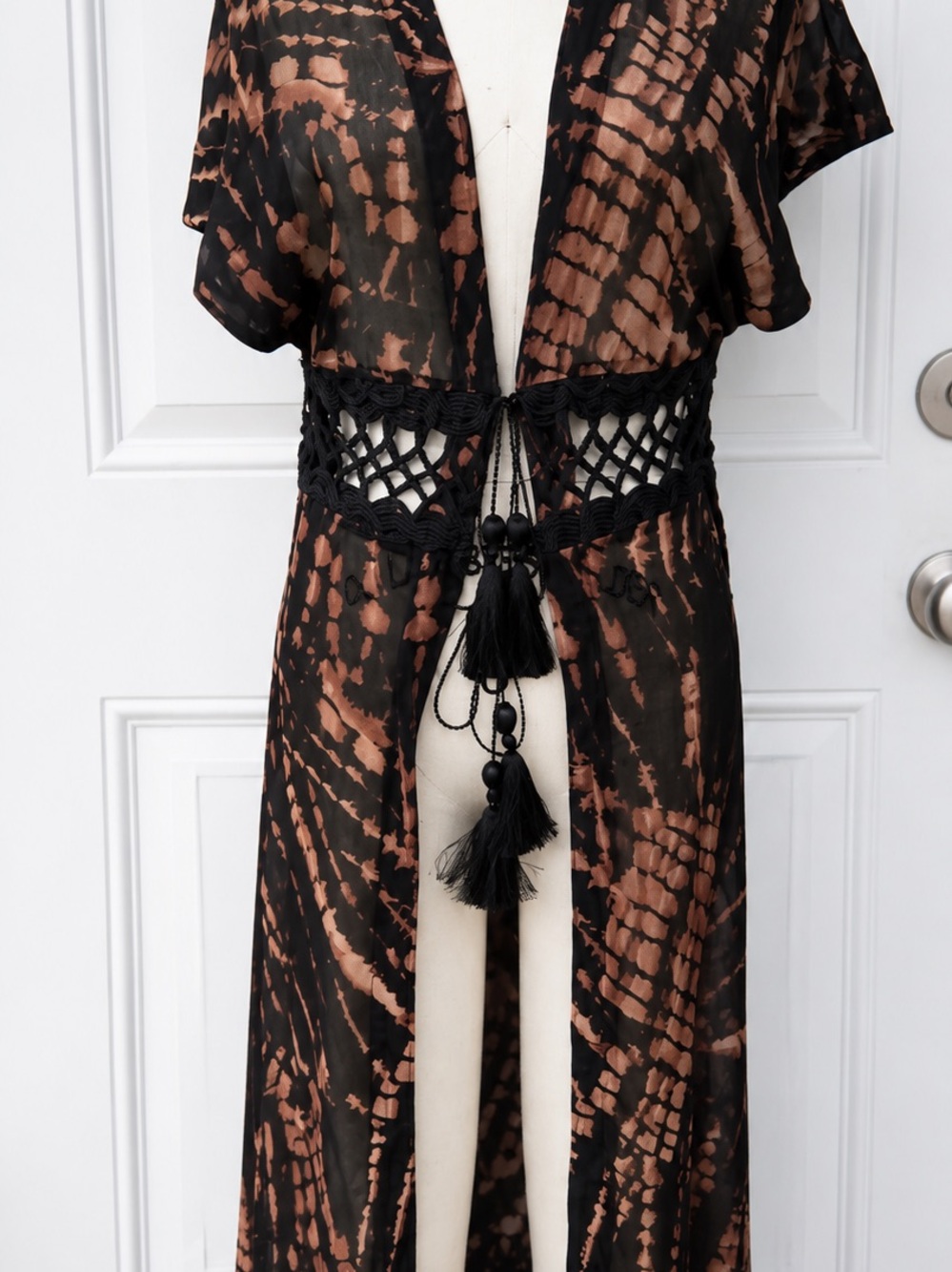 Sheer Black & Brown Tie-Dye Maxi Kimono with Tassel Belt - Picture 2 of 3